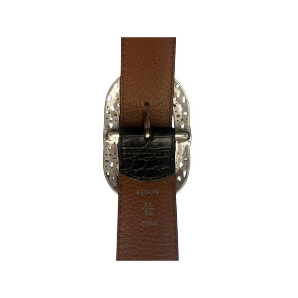 Womens Belt Black Faux Alligator Croc Leather Oval Silver Scroll Buckle XL 33-37 - Picture 4 of 8